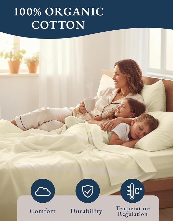 LANE LINEN California King Sheet Set 100% Organic Cotton 4pc Soft - Natural | Cal King Sheet Set, GOTS Certified Organic Cotton Percale - Great For Gifting, Easy-Care Machine Washable, For Hot Sleepers
