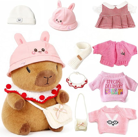 10.2" Brown Capybara Plush Toy with 9 Clothes and Accessories Super Soft Capybara Stuffed Animal for Kids Girls Boys (Pink Capybara)