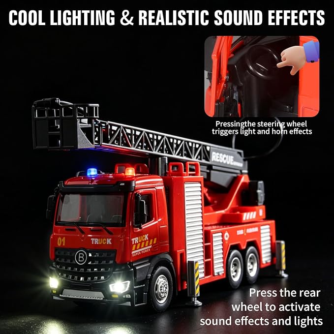 Fire Truck Toy Diecast Metal Cab Water-Spraying Toy Fire Truck for Kids Boys Girls and Toddlers Friction-Powered Fire Truck with Lights and Sounds Fire Trucks for Toddlers 3-5