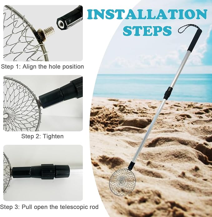 6Pcs Beach Sand Sifter, Adjustable Shark Teeth Sifter Shell Shovel Rock Scooper with Shell Collecting Bag- Beach Scoop Shovel and Sifter Tool for Picking Up Shells Beachcombing & Rock Hunting