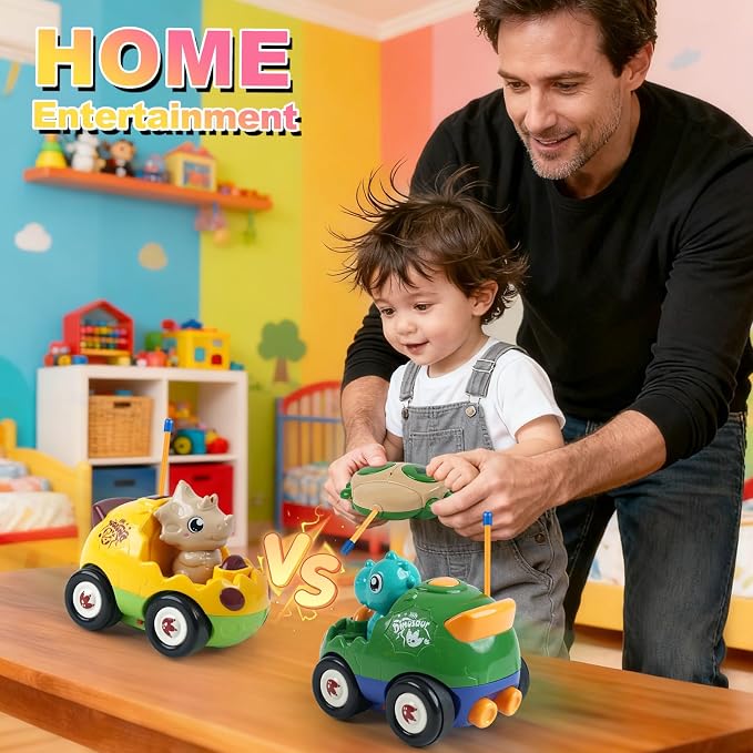 MagicKidz Dinosaur RC Car for Kids - 2-Pack Remote Control Dino Toy Cars for Boys Toddlers Ages 18+ Months, 2 3 4 5 Year Old, Birthday Gifts with Lights and Music