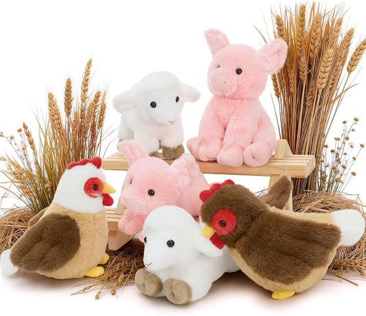 Tezituor Farm Animal Stuffed Animals 6 Pack, 8 Inch Plush Toys Bulk with Chicken Pig Lamb, Soft Barnyard Animal Plushies for Kids Toddlers, Farm Theme Party Favors, Birthday Gifts, Classroom Prizes