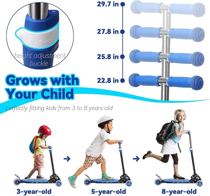 Scooter for Kids Ages 3-5, LED Light Up 3 Wheel Toddler Scooter with 4 Adjustable Heights, Lean-to-Steer Wheels, Safe Metal Brake, Foldable Kick Scooter for Boys Girls, Support 120 lbs, Birthday Gift