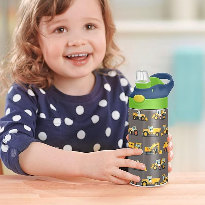 Boccsty Yellow Tractor Truck Kids Water Bottle with Straw Lid Car Insulated Stainless Steel Reusable Tumbler for Boys Girls Toddlers 12 oz Green