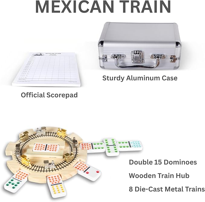 Mexican Train Dominoes Set Double 15 Color Dots | Wooden Hub, 8 Metal Trains, Aluminum Case
