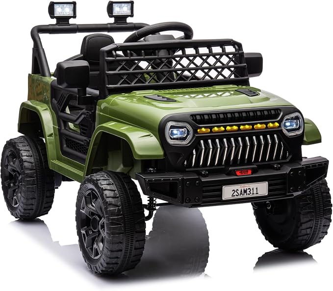 GarveeLife 12V Kids Ride On Truck Electric Vehicle Battery Powered Car Toddlers Ride On Toy for Boys Girls with Remote Control, 4-Wheel Suspension, Battery Display, LED Lights, Music, Army Green