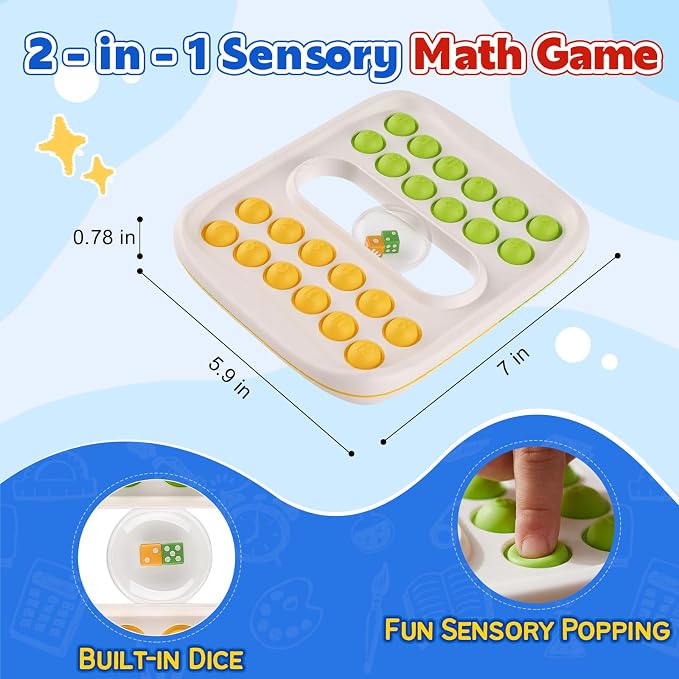 Kiditos Pop Math Game for Kids Ages 4–8, Fidget Math Board Game with Built-in Dice, Addition & Subtraction Learning Toy, Sensory STEM Toy for Classroom, Homeschool & Travel