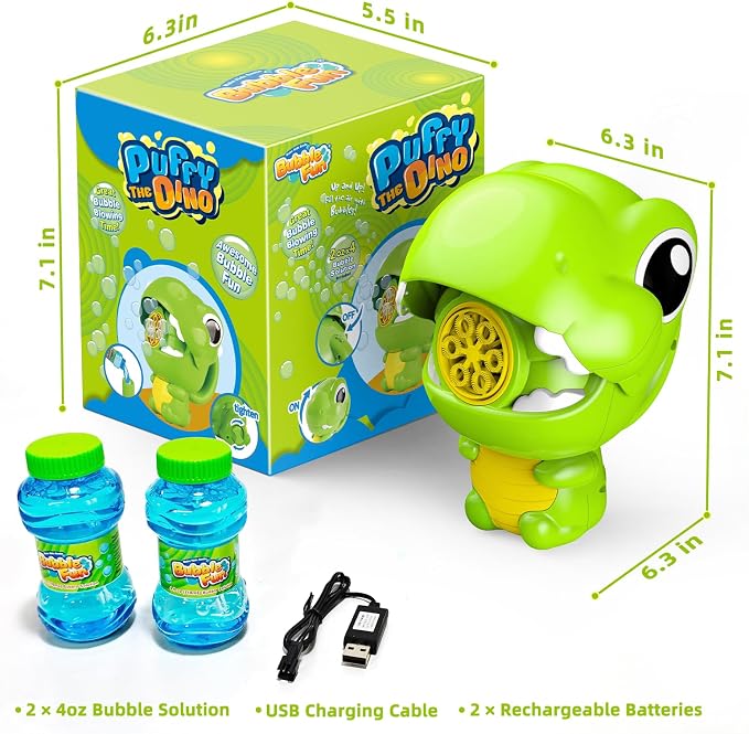 MAKE KIDS SMILE BUBBLE FUN Rechargeable Dinosaur Bubble Guns for Kids 1-3 | Automatic bubble machine with fast output, includes 8oz solution. Ideal summer children toys for boys, girls and pets.