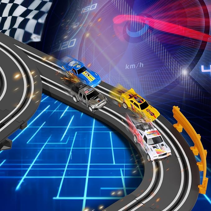 Slot Car Race Track with 4 High-Speed Racing Cars Battery or Electric Race Car Toy for Kids Boys, Dual Racing Game 2 Hand Controllers Toys for Girls Children Age 6,7,8-12 Years Old