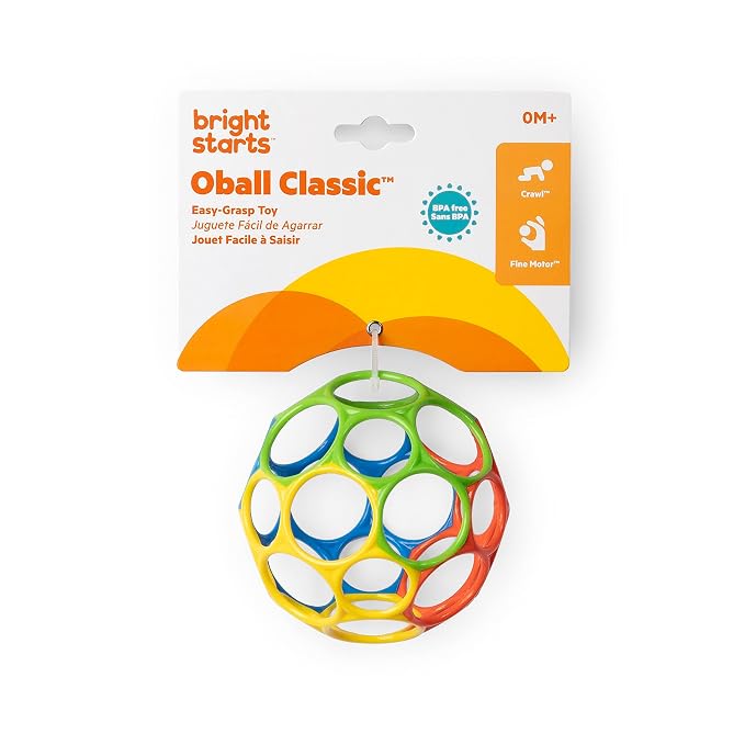 Bright Starts Oball Easy Grasp Classic Ball BPA-Free Infant Toy in Red, Yellow, Green, Blue, Age Newborn and up, 4 Inches