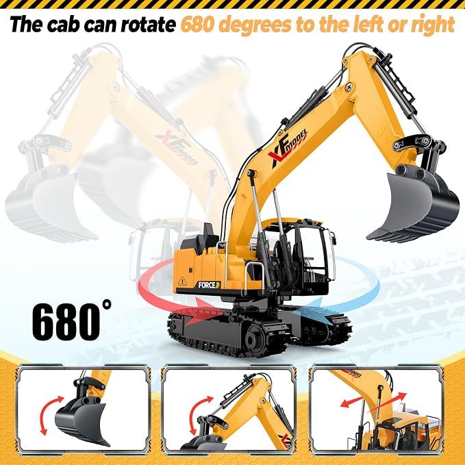 Shemira Remote Control Excavator, 13 Channel RC Excavator Toy for Boys 3-5 4-7 8-12 Year Old, 2.4Ghz RC Construction Vehicles with Metal Shovel & Light & Sound, Kids Christmas Birthday Gifts