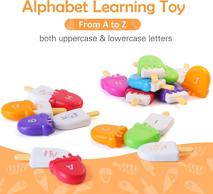 USATDD ABC Alphabet Learning Toys Alphabet Popsicles Animal Matching Toy Uppercase Lowercase Preschool Learning Activities Montessori Toys Gifts for Kids Toddlers, 52 Pcs