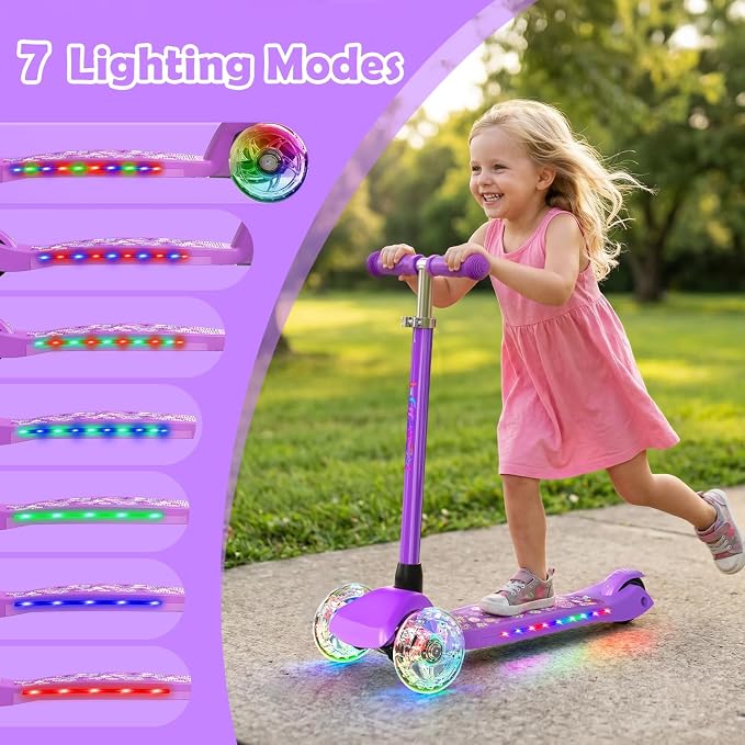 TONBUX Kids Scooter for Ages 3-8: 3-Wheel Kick Scooter with LED Light-Up Wheels & Deck, 7 Lighting Modes, 4 Adjustable Heights, Metal-Reinforced Deck, Lean-to-Steer Balance Training Toddler Scooter