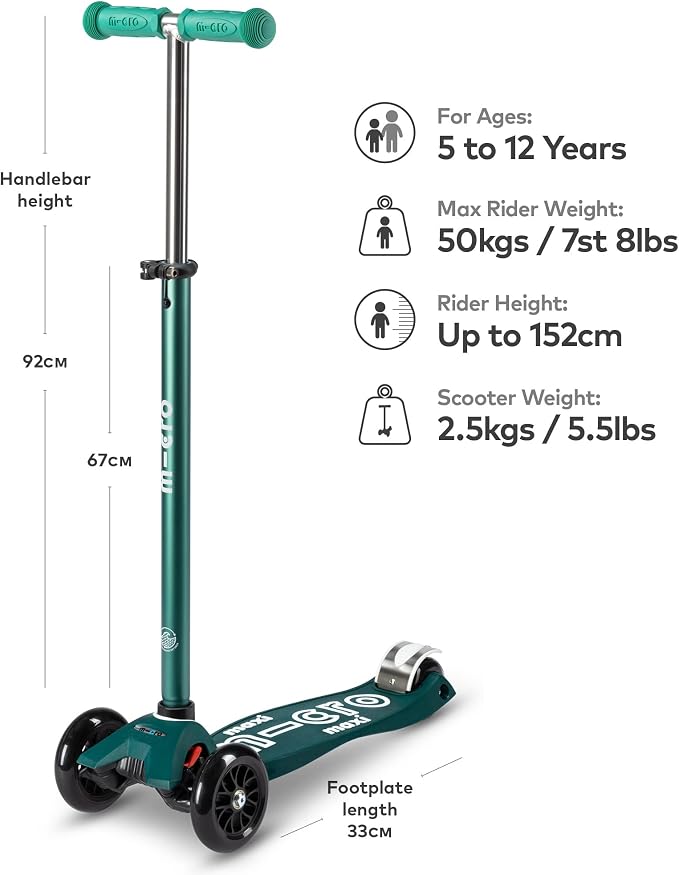Micro Kickboard - Maxi Deluxe Eco 3-Wheeled, Lean-to-Steer, Swiss-Designed Micro Scooter Made with Recycled and Sustainable Materials for Elementary Kids, Ages 5-12 (Dark Green)