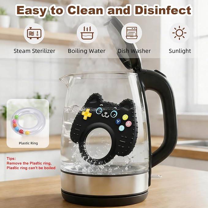 Teething Toys for Baby, Sensory Baby Chew Toy, Rattle Ring Teether Toys for Babies 0-3-6-12 Months, Silicone TV Remote Control Shape for New Baby Gift (Black)