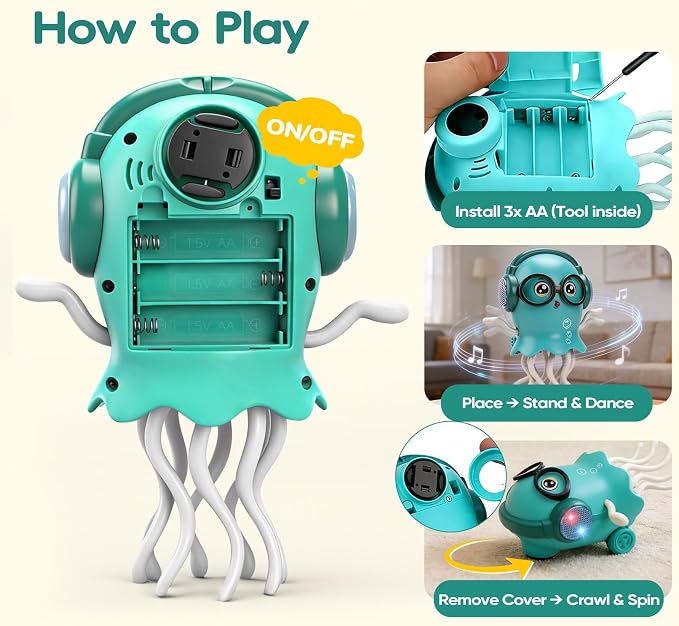 GONINO DJ Dancing Jellyfish Baby Toys, Musical Crawling Tummy Time Toys with LED Light & Smart Obstacle Avoidance, 360° Spin Sensory Toys for Toddlers, Kids Toys Birthday Gifts for Boys Girls, Green