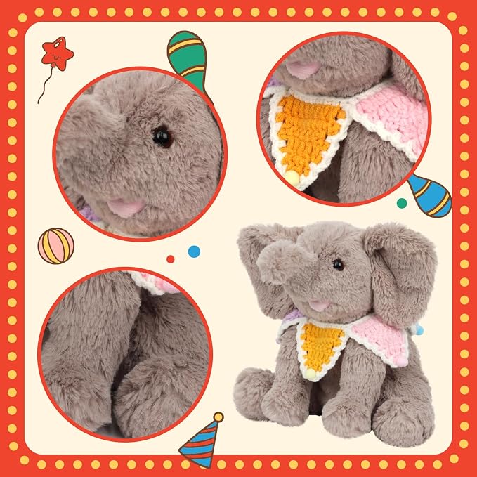 Hopearl Adorable Plush Calf Elephant Toy with Colorful Knitted Bib Floppy Elephish Ultra Soft Haggable Stuffed Animal Holiday Birthday Gift for Boys Girls Kids Toddlers, Gray, 9''