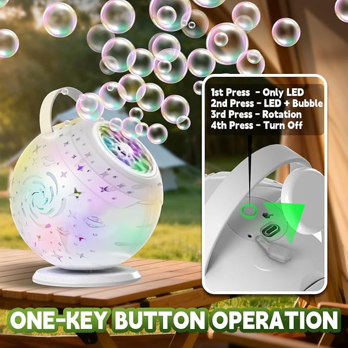 Rechargeable Bubble Machine - Auto 90°/360° Rotation, Remote Control(65-131ft), 9-Color LED, Larger Bubbles Design, Bubbles Maker Toys Gifts for Kids, Toddlers, Birthday, Parties, Wedding, Boys, Girls