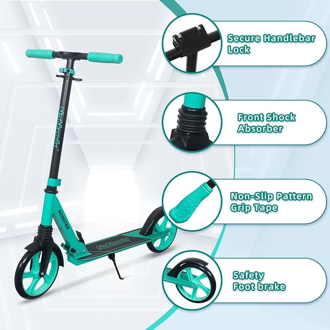 Nattork Kick Scooter for Kids 6+ Years Teens Adults - 220LB Weight Capacity, Front Shock Absorber and Adjustable Handlebar - Smooth Ride with 8" Sturdy Wheels, Ideal for Outdoor Sports