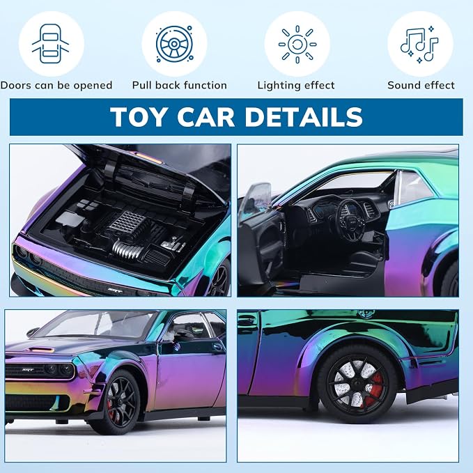 Car Toys for Boys 1/24 Diecast Cars Hellcat SRT Collectibles Model Kit,Pull Back Metal Toy Car with Lights and Sounds,Toy Cars for Boys Age 4-7（Gradient Purple）