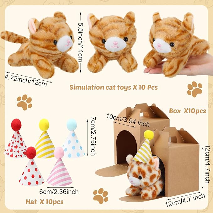 10 Set Kittens Stuffed Animals Bulk with 10 Birthday Hats 10 Kraft Paper Boxes Mini Plush Toys Small Stuffed Cat Pet Gifts for Kids, School Birthday Animal Decor(Prone Style)