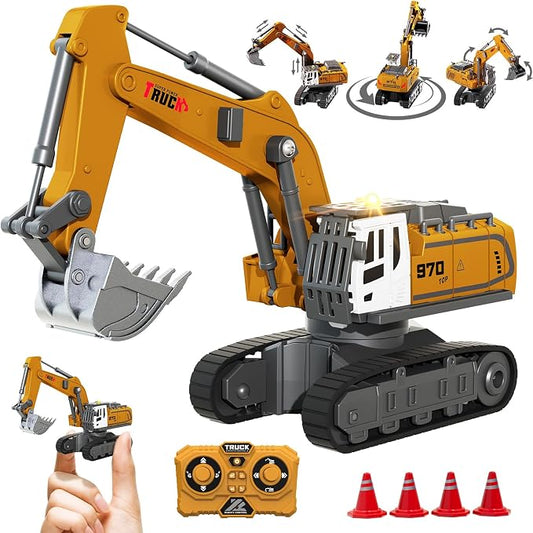 1:64 Remote Control Mini Excavator Toy, 2.4GHz RC Excavator with 11-Channels, 330° Rotation, Type-C Charging, LED Light & Music, Includes 4 Road Barriers, Construction Vehicle Gift for Kids & Adults