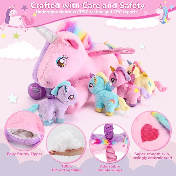 gnomantic Unicorn Stuffed Animals with Babies Inside, Mommy Toy for Kids | 5-Piece set: 1 mommy unicorn + 4 baby unicorns inside. Unzip belly to reveal surprise babies. Ultra-soft, ages 3-8.