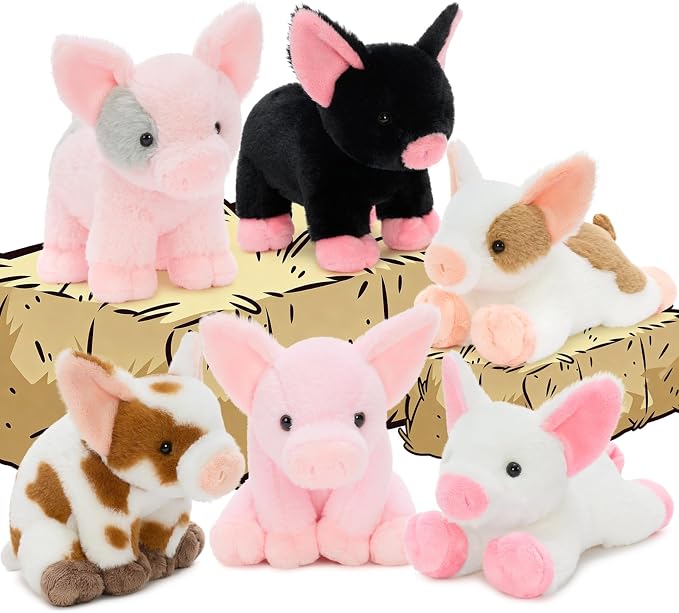 Tezituor 6 Pack Pig Stuffed Animals, 10 Inch Pig Plush Toys Bulk, Cute Soft Assorted Pig Plushies in Pink, White and Spotted, Farm Animal Plush Toys for Kids, Birthday Gifts, Party Favors