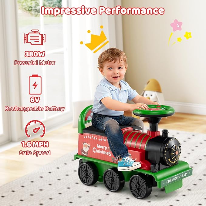 Costzon 2-Seater Ride on Train with Carriage, 6V Ride on Toy w/Under-Seat Storage, Footrests, Train Whistle, Music & Colorful Flashing LED Lights, Electric Car for Kids Aged 18+ (2 Seaters, Green)