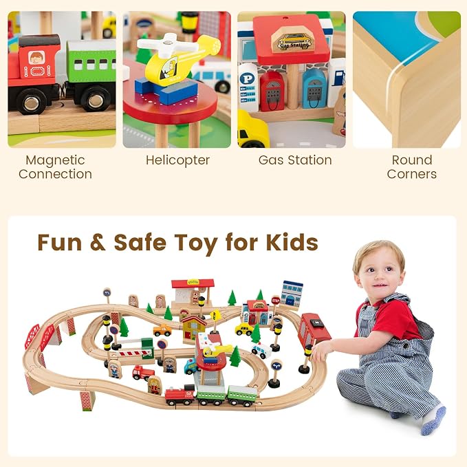 Costzon Train Table, 3-in-1 Wooden Train Set Table w/Reversible 84 PCS Track Train Toys, Table Map & Storage Drawer for Building, Playing, Studying, Kids Activity Table for Toddlers Aged 18 M+