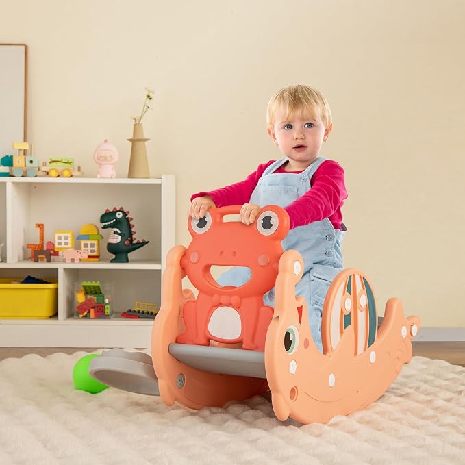 Costzon 4 in 1 Toddler Slide Rocking Toy, Slide for Kids with Basketball Hoop, Rocking Horse, Climber Playground Kids for Both Indoors Outdoor Use (Pink Frog)
