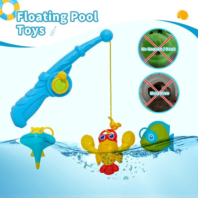 Toddler Bath Toys for Kids Ages 1-3, Mold Free Bathtub Pool Water Table Toys with Pole Rod Net & Plastic Floating Fishes, Outdoor Water Toys for Kids Toddlers Birthday Gifts Aged 2-4 3-5 4-8