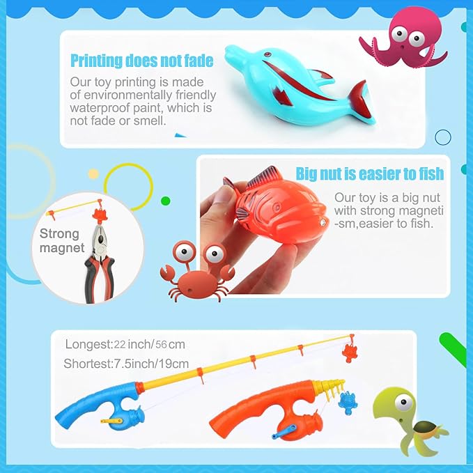 FIVEDAOGANG Magnetic Fishing Game 45 PC Ocean Sea Floating Fish Colorful Animals with Net Portable Storage Bag | Kiddie Pool Bathtub Game for Age 3 4 5 6 Year Kids Toddler(XX-Large Set)