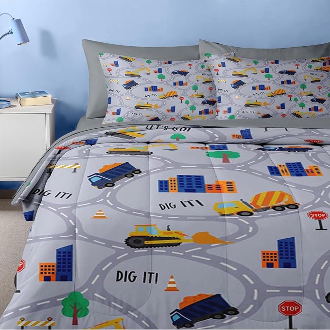 Nesker 5 Pcs Comforter Set Twin Size, Construction Vehicles Car Bedding for Kids Teen, Town Tree Truck Bedding Set with Pillowcase & Sham