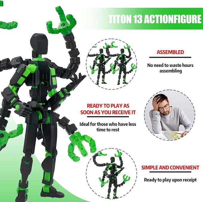T13 Already Assembled Action Figure Accessories,T13 Multi-Jointed Movable,for Collectors Desktop Decorations t-13 Movability 3D Printed Toys (Black Green, 7.2inch)