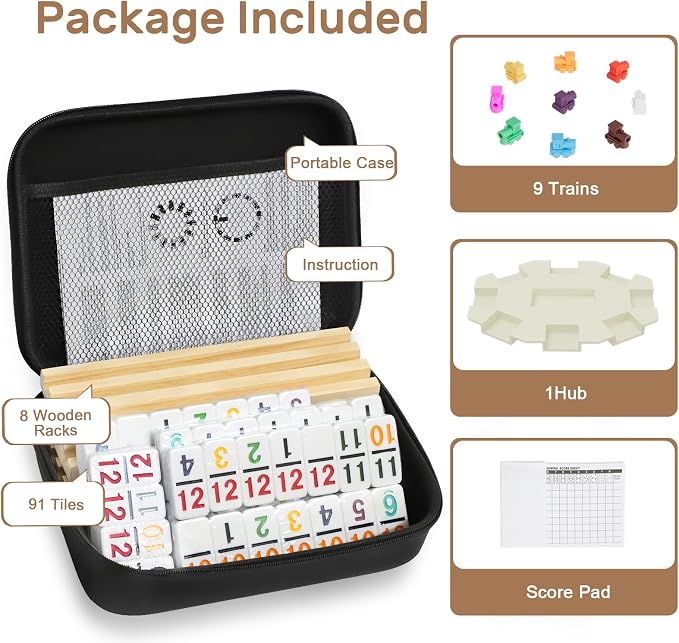 Mexican Train Dominoes Set with Numbers and 8 Wooden Trays/Racks, Double 12 Dominos Travel Set with 8 Tiles Holders, 91 Tiles Double 12 Colored Dominoes Game Set with Portable Case for Families Kids