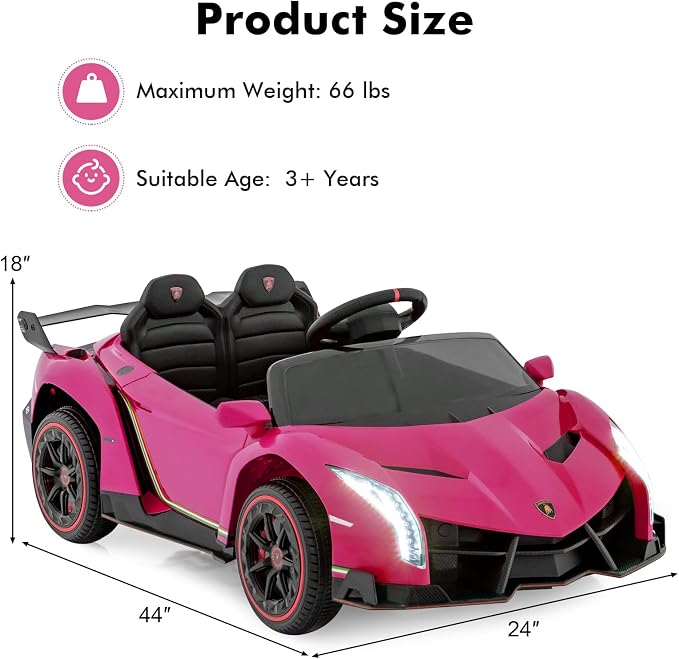INFANS 2 Seater Kids Ride on Car, 12V 4WD Licensed Lamborghini Veneno Powered Electric Vehicle with Hydraulic Doors, Rocking Mode, Adjustable Speeds, Remote Control, MP3, Headlight (Coral)