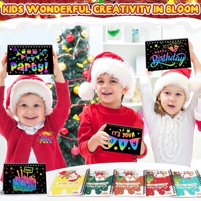 Scratch Paper Art Party Favors for Kids 8-12: 24 Pack Christmas Rainbow Scratch Art Notebook, Christmas Coloring Books Goodie Bags Stuffers for Kids, Bulk Classroom Gifts for Student
