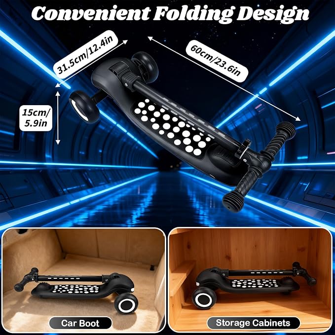 Light Up 3 Wheel Kick Scooter for Kids Toddlers with LED Sync Lights, Flashing Stem & Wide Polka Dot Deck Adjustable Height Music Function Safe Sturdy Folding Scooter for Kids