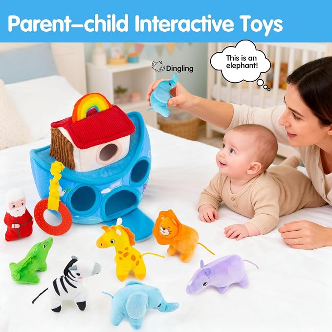 Baby Toys 6-12 Months - Noah's Ark Toy with Stuffed Animals, Baptism Gifts for Boys Girls, Montessori Toys for 6 Month Old Babies Sensory Tissue Box Toy for 1 Year Old