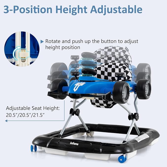 INFANS 4 in 1 Baby Walker, Foldable Toddler Activity Center with Adjustable Height, Padded Seat, Music, Light, Removable Tray, Push Walker for Girls Boys Aged 6-18 Months (Blue)