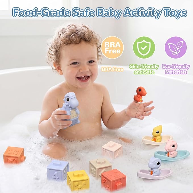Baby Montessori Toys 6-12 Months, 5 in 1 Sensory Learning Set with Stacking Blocks, Shape Sorter, Bath Toys, Activity Cube, Dinosaur Stacker Educational Toddler Gifts for Boys Girls