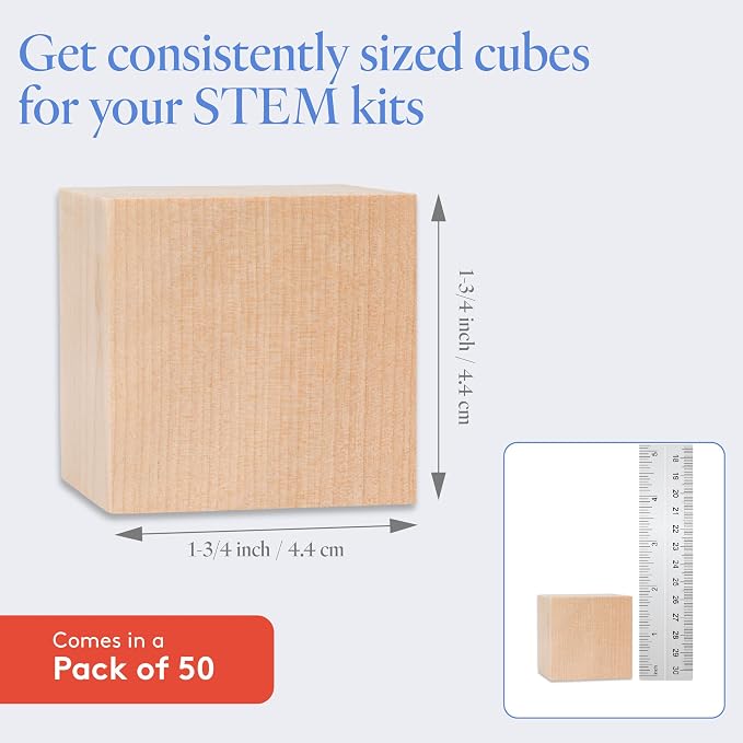 DIY Wood Cubes 1-3/4-inch, Pack of 50 Small Wooden Blocks, Wood Blocks for Crafts, STEM and Blank Wooden Dice, by Woodpeckers