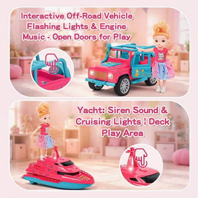 Pink Dream Travel Vehicles Playset Toys for Girls Age 3-6, Fashion Doll with Interactive Off-Road Car, Airplane, Boat & Helicopter, Lights & Sounds Pretend Play Beach Toys, Christmas & Birthday Gifts
