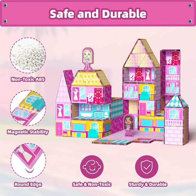 GobiDex Princess Magnetic Doll House Building Toys for Girls 3+, Pink Magnet Tiles for Kids Ages 4-8 STEM Sensory Toys for Toddlers Birthday Gifts for Girls 3+ Year Old