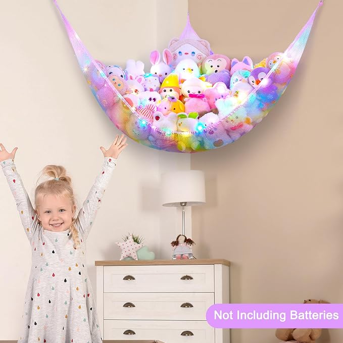 Unicorn Castle Stuffed Animals Net or Hammock Kids Toy Storage Organizer with LED Light Hanging Corner Stuffed Animals Holder Kids Girls Room Decor,Rainbow-A,XLarge (Pack of 1)