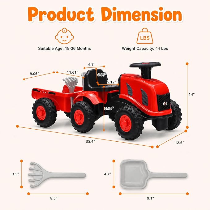 Kids Ride on Tractor, 2 in 1 Foot to Floor Push Car w/Detachable Trailer, Horn, Rake & Shovel, No Power Sliding Toy Gift for Toddlers, Outdoor Ride on Construction Vehicle (Red)