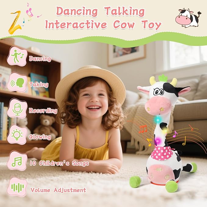 Dancing Talking Giraffe Toy, Stuffed Animal Baby Toy Repeating What You Say, Glowing Musical Giraffe Gifts for Toddlers 1-3 Years Old, for Kids (Cow)