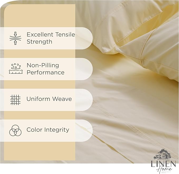 Linen Home 6 Piece King Size Cotton Sheet Set, 100% Cotton Percale, 4 Pillowcases, Deep Pocket with All Around Elastic Sheet, Crisp Breathable Bedding, Hotel Luxury, Long-Staple Combed Cotton, Ivory