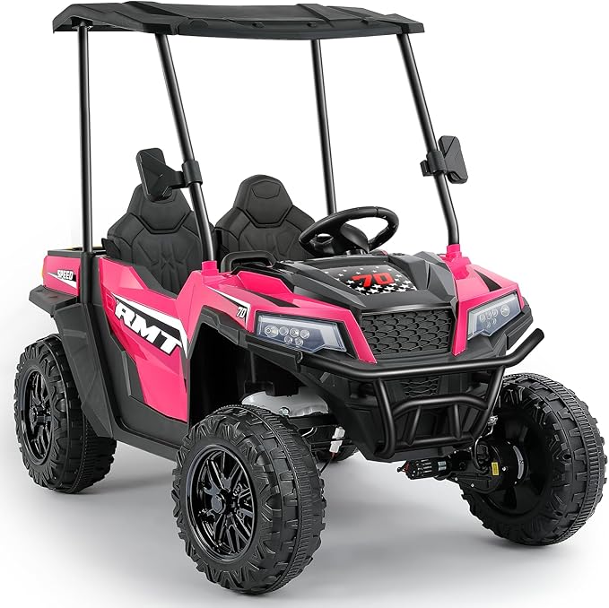 ELEMARA 24V Ride on Toy for Big Kid,Ride on Car 2 Seater w/Sun Shade,Dump Bed & Shovel,4.5MPH,4WD Electric Car for Kids,Battery Car w/Remote,Kids Ride on Truck,3 Speeds,LED Lights,Bluetooth, Hot Pink